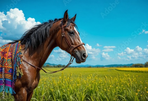 Beautiful brown horse with colorful saddle decorated in Mexican traditions against picturesque rural landscape