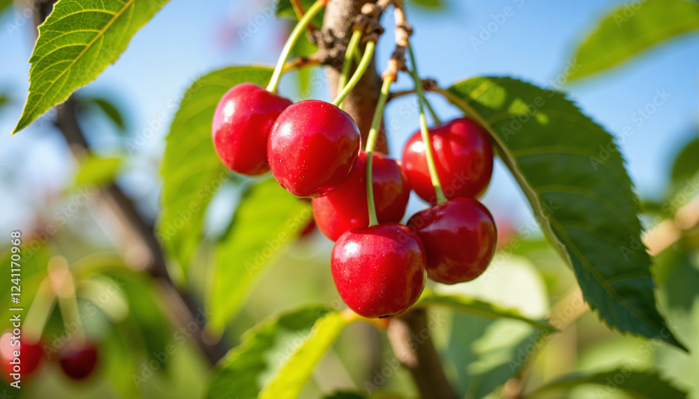 Vibrant cherries hanging on tree branches, flourishing orchard Vibrant cherries hanging on tree branches, flourishing orchard