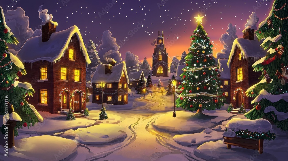 Obraz premium Digital Painting Snowy Village Scene At Night with Houses and Trees Decorated for Winter Holidays and Festive Season featuring Cozy Cabin and Warm Lights and Snowfall. Illustration. Pixel Art