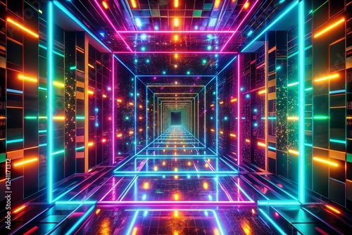 Neon Geometry Tunnel: Infinite Abstract Glowing Squares Bokeh Background