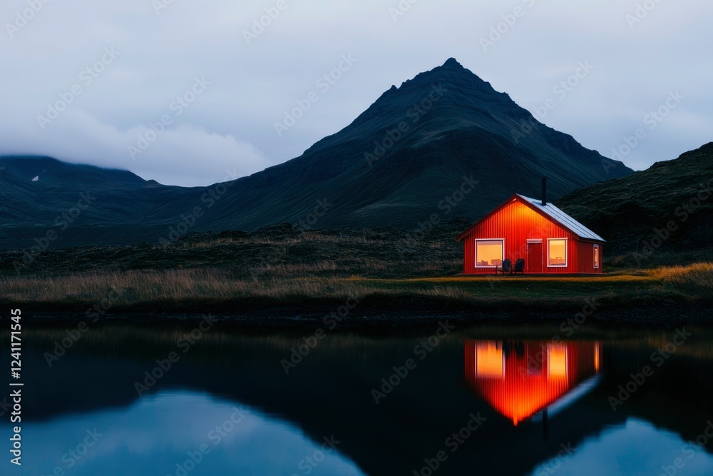 Fototapeta premium Illuminated Red Cabin Beside a Tranquil Mountain Lake
