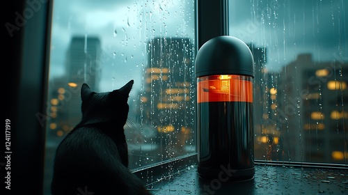 Rainy city view, cat gazing from window, warm lamplight