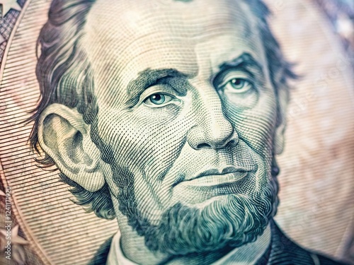 New Five Dollar Bill, Minimalist Portrait, Close-up, Currency, American Money photo