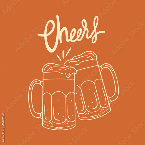 Cheers – Beer Mugs Clinking, Vintage Hand-Drawn Illustration,Vintage hand drawn illustration of two beer mugs colliding with each other with the lettering Cheers. Ideal for Oktoberfest, beer festivals