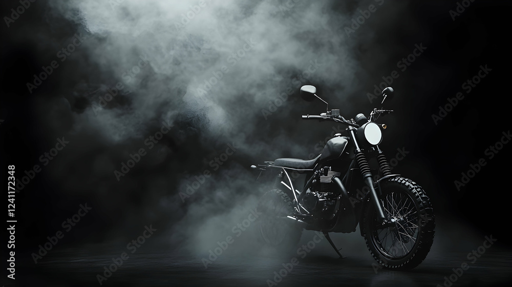 Naklejka premium Smoky Studio Shot Black Motorcycle, Powerful Engine, Dark Background, Ideal for Automotive Ads