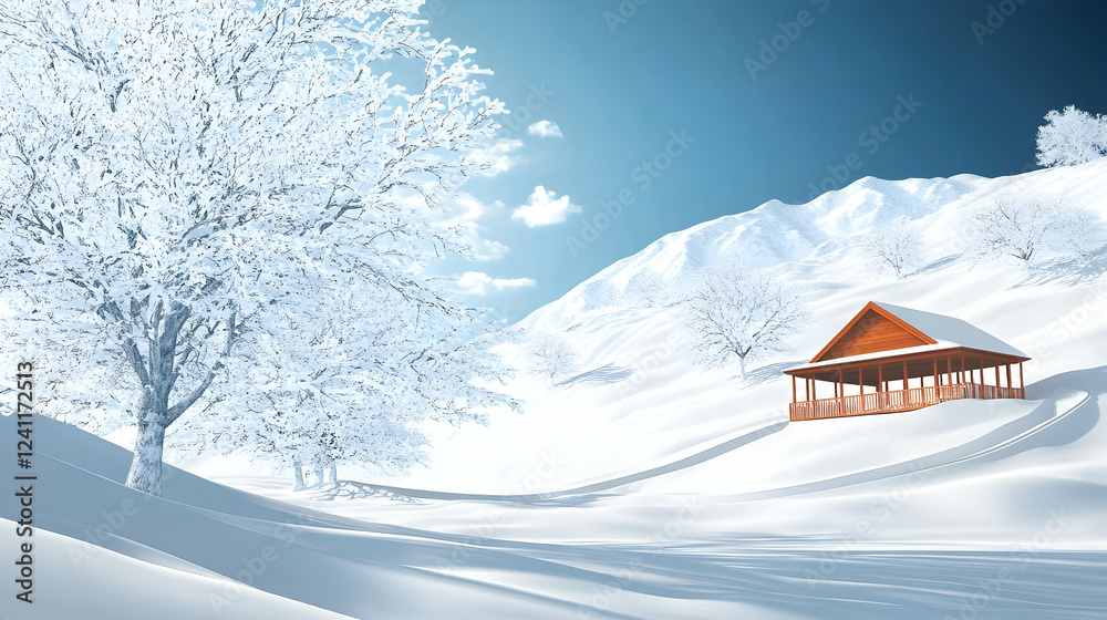 Snowy mountain cabin winter scene; tranquil landscape, perfect for travel brochures Snowy mountain cabin winter scene; tranquil landscape, perfect for travel brochures