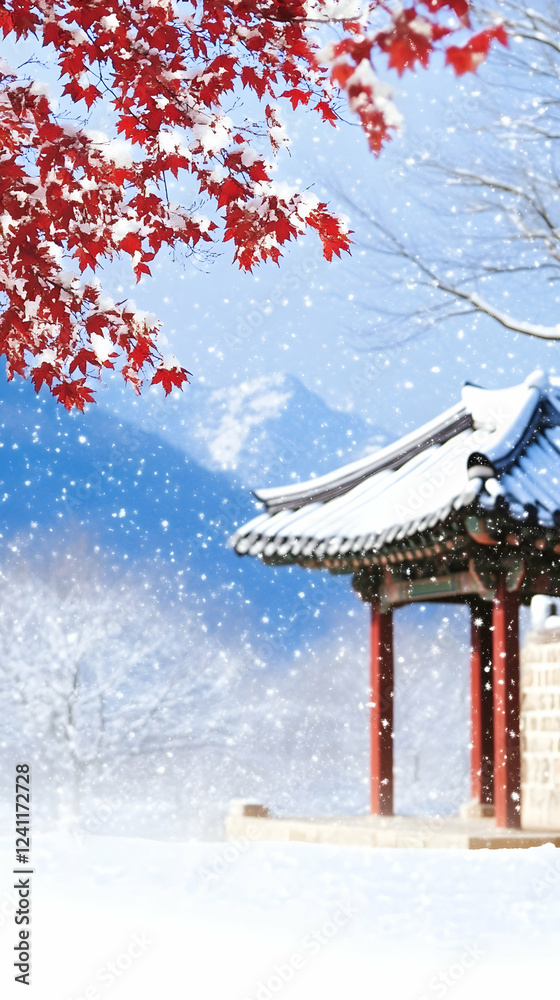 Snowy Temple Pavilion, Winter Landscape, Asian Architecture, Peaceful Scene, Travel Poster Snowy Temple Pavilion, Winter Landscape, Asian Architecture, Peaceful Scene, Travel Poster