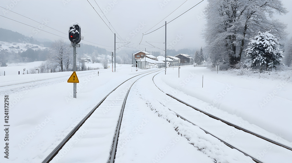 Snowy train station winter scene, rural landscape, railway tracks diverging, snow-covered countryside