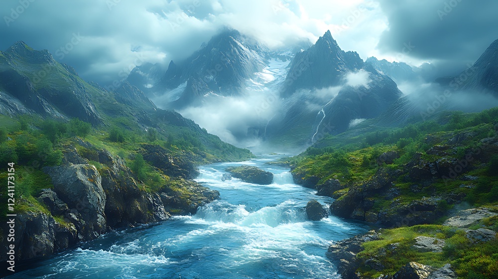 Majestic mountain river flowing through valley, clouds Majestic mountain river flowing through valley, clouds