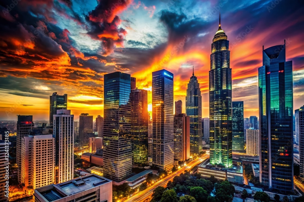 Obraz premium Night Cityscape Silhouette: Illuminated Skyscrapers Against Vibrant Sky