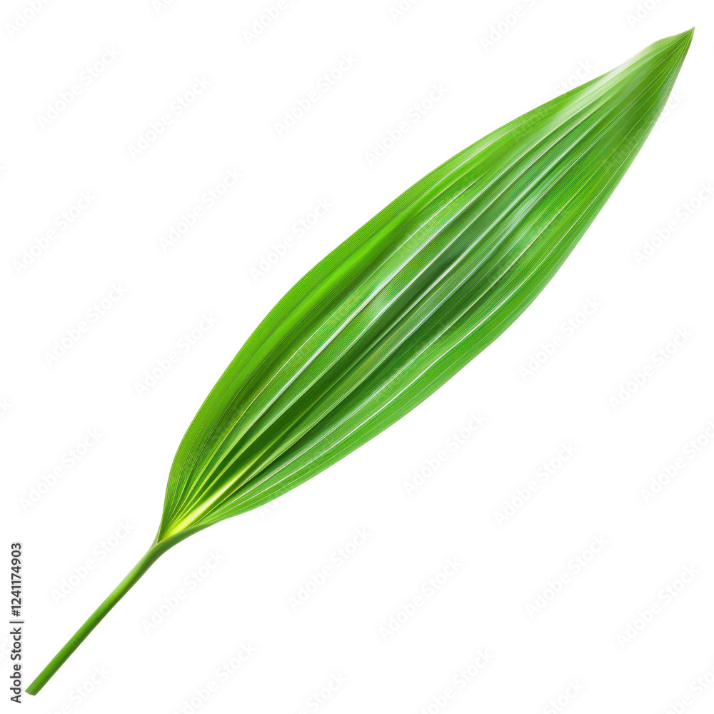 Obraz premium Fresh green palm leaf with long, slender shape and textured surface, perfect for tropical themes and nature designs