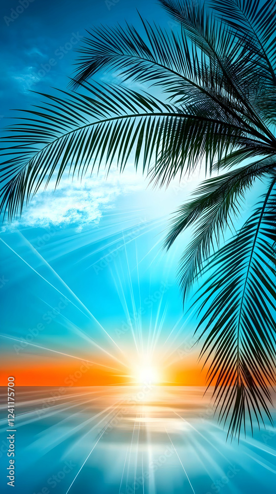 Fototapeta premium Tropical sunset beach scene, palm tree silhouette, ocean reflection, vacation postcard