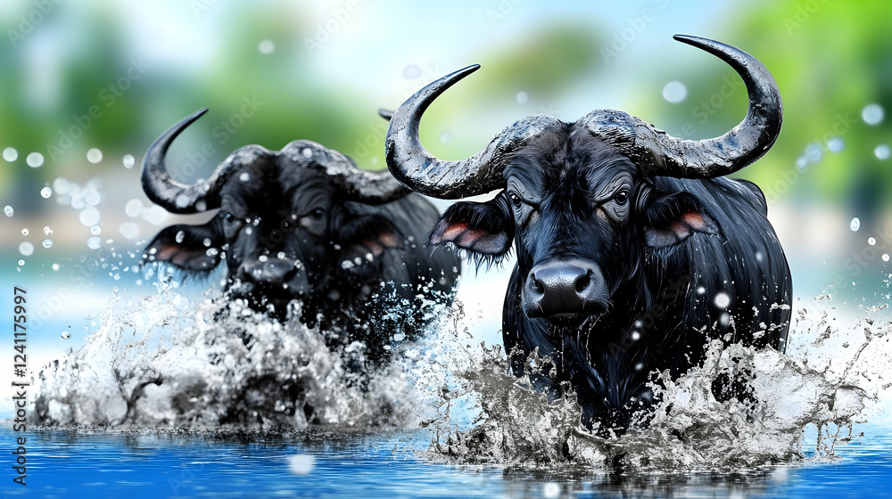 Naklejka premium Two Cape buffaloes charging through water, splashing, lush green background; wildlife safari image
