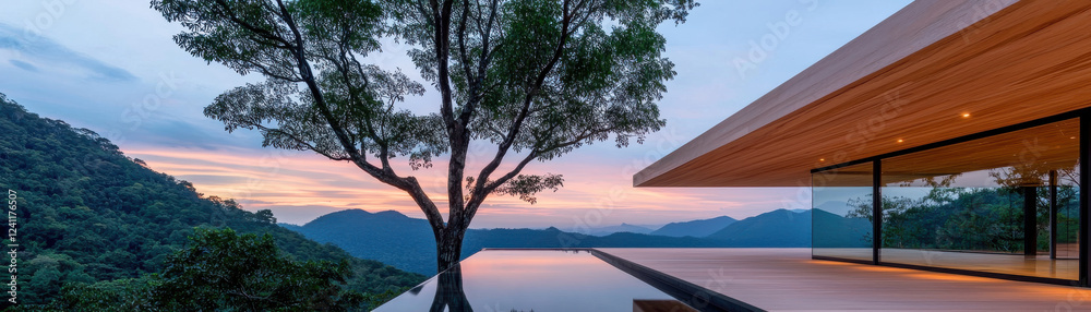 sustainable home with large balcony overlooking mountains and trees sustainable home with large balcony overlooking mountains and trees