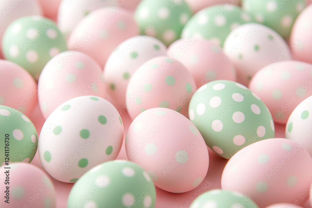 Soft pastel polka dot Easter eggs with pink and green colors decorative festive spring concept Soft pastel polka dot Easter eggs with pink and green colors decorative festive spring concept