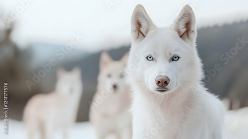 White husky dog stares intently, two others blurred in snowy mountain background; winter pet portrait photo