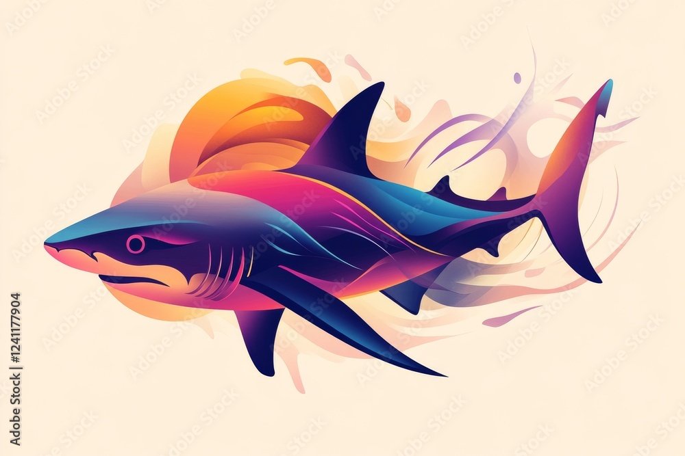 Obraz premium Abstract shark design with flowing curves and vibrant gradient tones symbolizing power, strength, and fluid motion