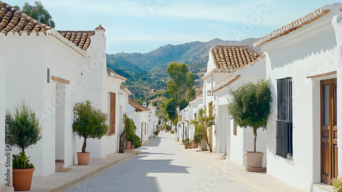 Whitewashed village street, Andalusian mountains background, sunny day, travel destination