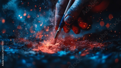 A close-up of an artist s hand holding a paintbrush, applying bold red and blue strokes to a textured canvas, rich artistic details, cinematic lighting, ultra-detailed 4K photo