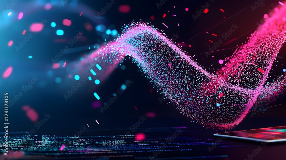 Close up view of a shimmering DNA helix structure surrounded by holographic chemical data and a digital tablet representing the intersection of science technology
