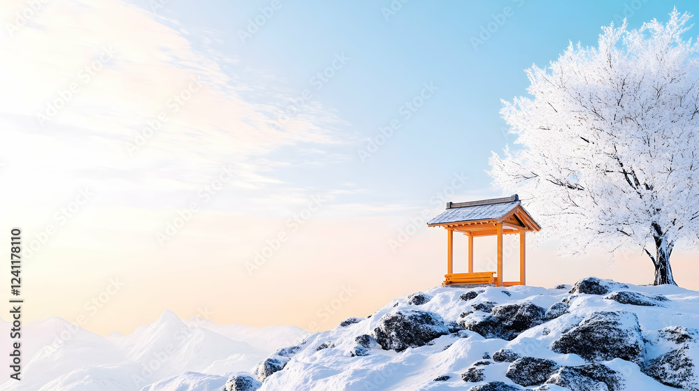 Winter sunrise, snow-covered mountaintop gazebo, serene landscape, ideal for travel brochures Winter sunrise, snow-covered mountaintop gazebo, serene landscape, ideal for travel brochures