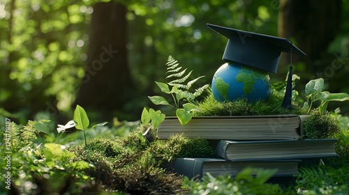 Closeup of a miniature Earth globe with a graduation cap and small plants growing on books representing the interconnection between education sustainability and the natural environment