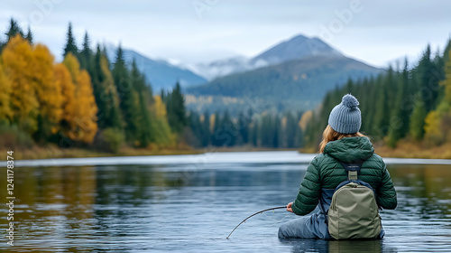 Woman fly fishing in autumn mountain river, scenic background, peaceful outdoor activity