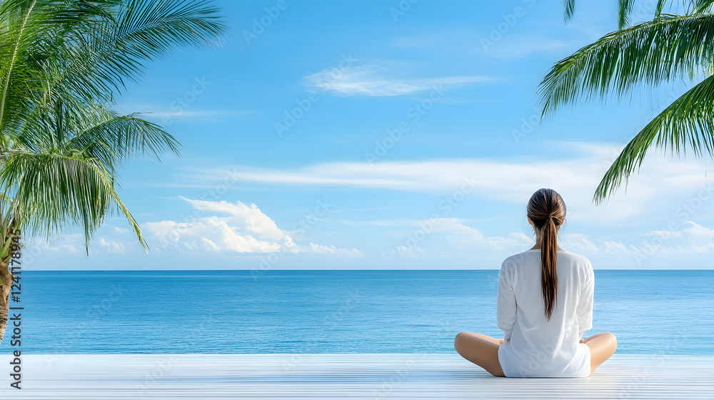Woman meditating ocean view tropical paradise; relaxation, serenity, wellness Woman meditating ocean view tropical paradise; relaxation, serenity, wellness