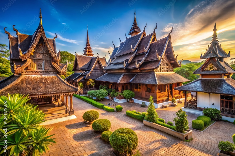 Panoramic View of Chiang Rai's Baan Dam Museum's Distinctive Traditional Thai Gabled Roofs Panoramic View of Chiang Rai's Baan Dam Museum's Distinctive Traditional Thai Gabled Roofs