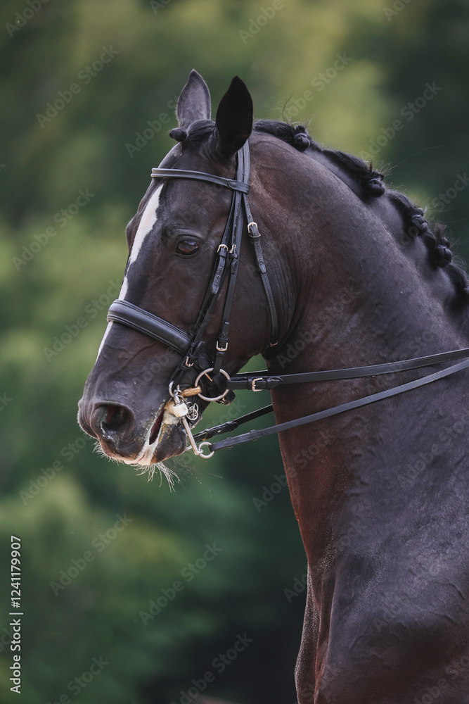Fototapeta premium Equestrian sports, the horse is light in hand. Shooting from the profile. Vertical photo