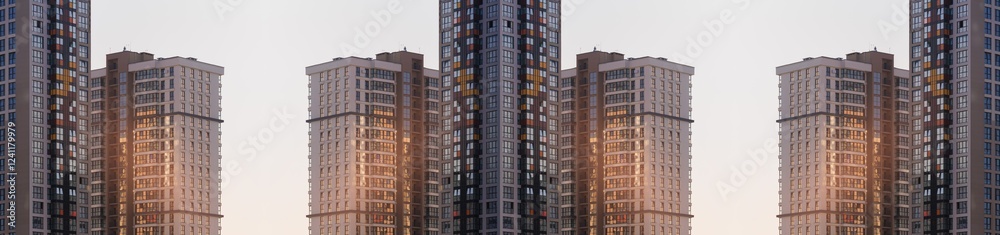 Modern buildings, walls and windows, reflections and sun rays. City view on a sunny day. Modern buildings, walls and windows, reflections and sun rays. City view on a sunny day.