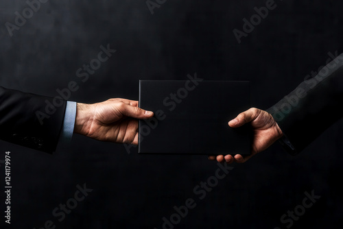 Business professional handing over a confidential folder in a shady deal, representing corporate corruption and fraud