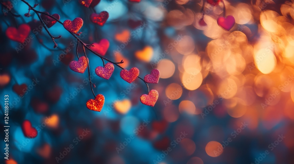 A pink background with red heart-shaped decorations, some on branches, some scattered, creating a romantic Valentine's Day theme A pink background with red heart-shaped decorations, some on branches, some scattered, creating a romantic Valentine's Day theme