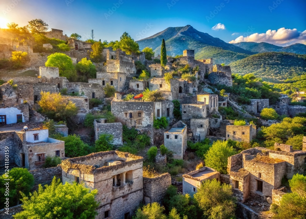 Obraz premium Panoramic View of Kayakoy Ghost Town, Turkey: Abandoned Stone Houses and Ruins