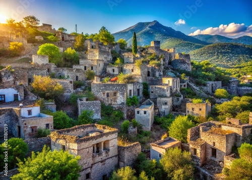 Panoramic View of Kayakoy Ghost Town, Turkey: Abandoned Stone Houses and Ruins