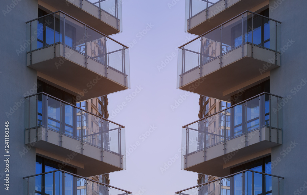 Fototapeta premium City view on a sunny day. Modern buildings, walls and windows. 