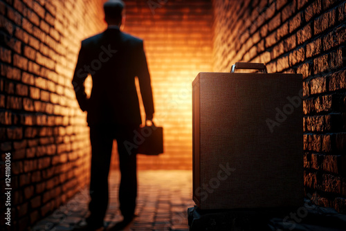 Businessman in a dark alley exchanging a briefcase of money, symbolizing corruption and illegal corporate deals