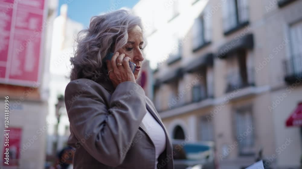 Focused senior businesswoman with gray hair in suit, holding paper documents and answer phone call while walking through city street. She multitasking and managing work responsibilities efficiently
