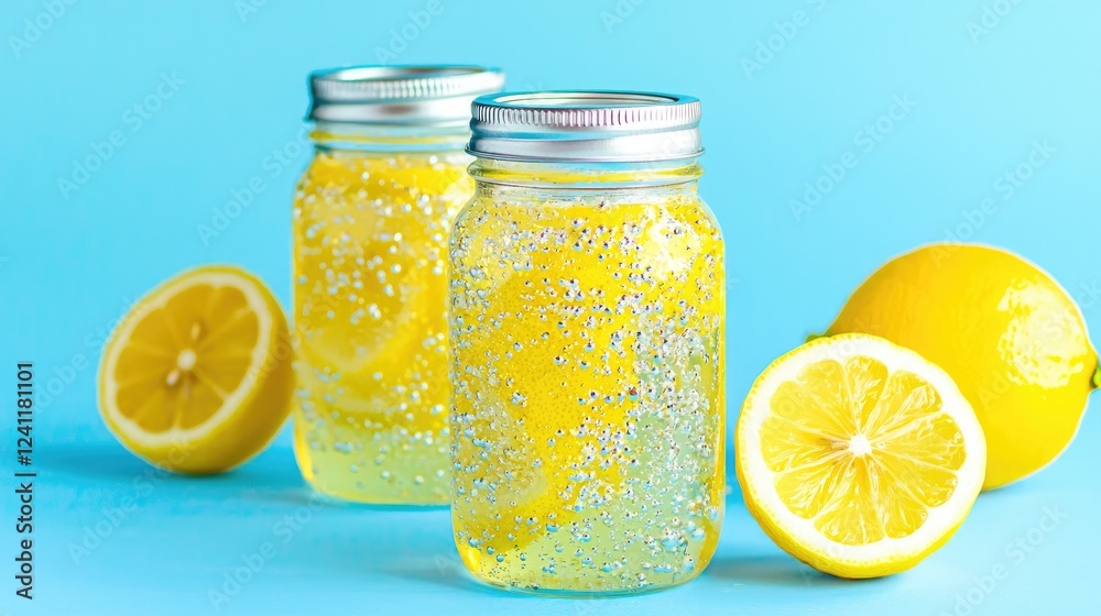 Sparkling lemon water jars, blue background, refreshing summer drink Sparkling lemon water jars, blue background, refreshing summer drink