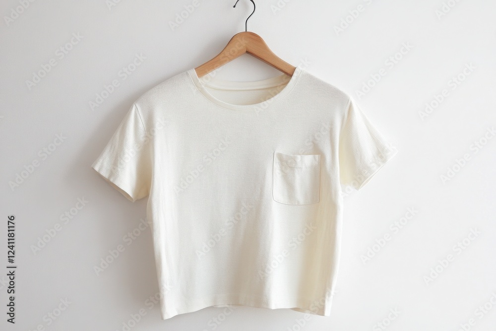 A simple, cream-colored cropped t-shirt with short sleeves and a front pocket, hanging on a wooden hanger against a plain background. A simple, cream-colored cropped t-shirt with short sleeves and a front pocket, hanging on a wooden hanger against a plain background.