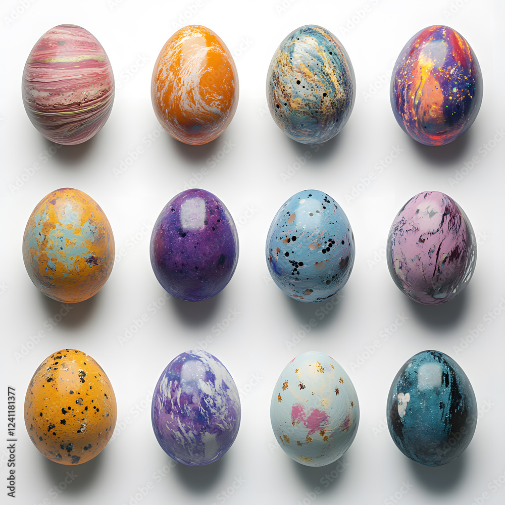 A grid of twelve decorative eggs displays a vibrant array of colors and intricate designs. Each egg features unique textures and patterns, highlighted with shades of orange, purple, blue, and gold. A grid of twelve decorative eggs displays a vibrant array of colors and intricate designs. Each egg features unique textures and patterns, highlighted with shades of orange, purple, blue, and gold.
