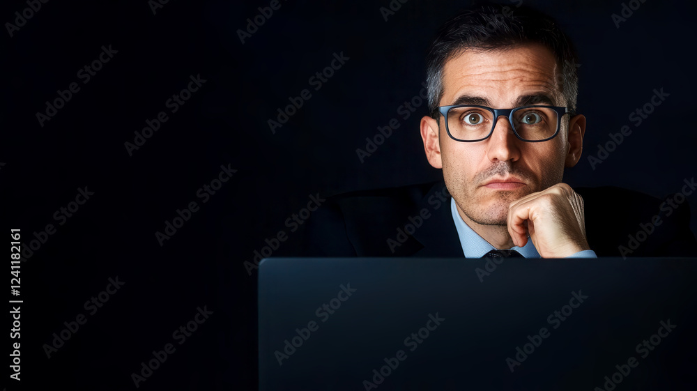 Corrupt employee looking at stolen financial data on a computer screen, symbolizing insider trading and corporate theft Corrupt employee looking at stolen financial data on a computer screen, symbolizing insider trading and corporate theft