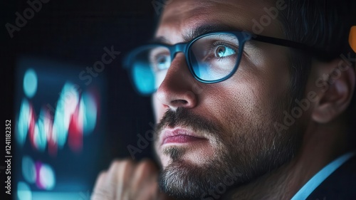 Corrupt employee looking at stolen financial data on a computer screen, symbolizing insider trading and corporate theft