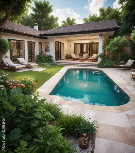 Wallpaper Mural House with a pool and a private patio overlooking a beautiful garden, outdoor space, serene atmosphere Torontodigital.ca