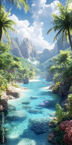 A serene tropical paradise featuring vibrant turquoise waters surrounded by lush greenery, palm trees, and majestic mountains under a bright blue sky.