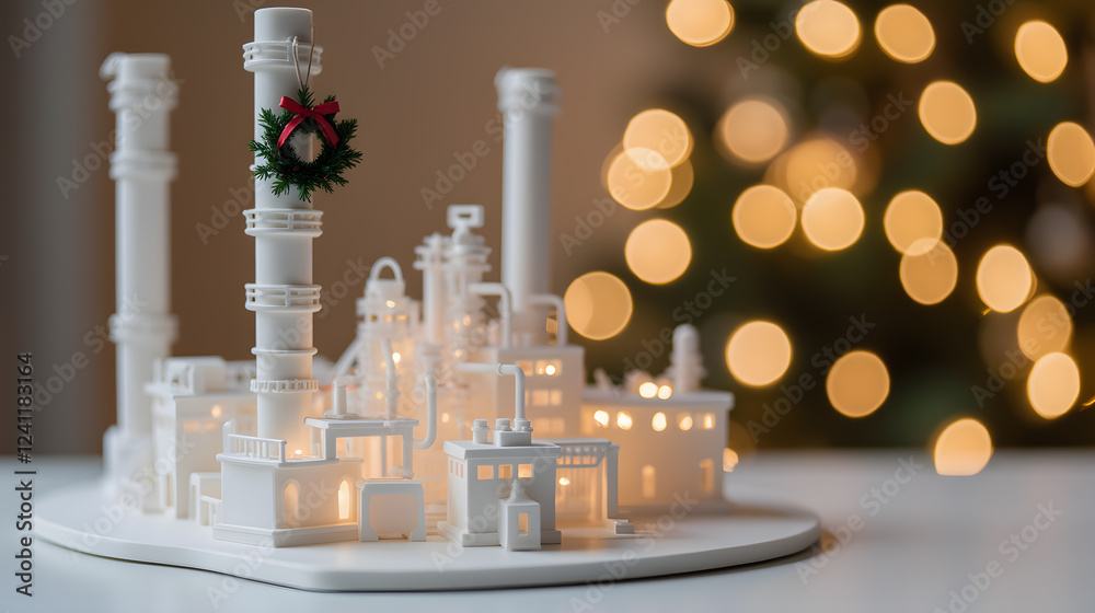 Miniature factory scene with decorative wreath and blurred holiday lights in soft focus for festive aesthetic and seasonal ambiance Miniature factory scene with decorative wreath and blurred holiday lights in soft focus for festive aesthetic and seasonal ambiance