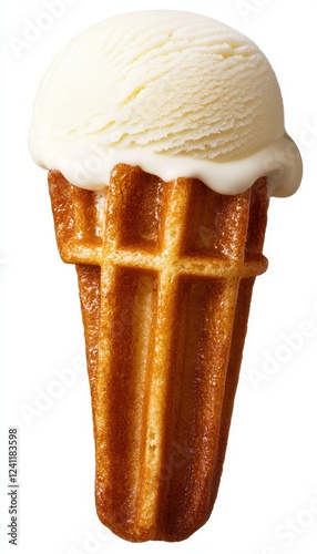 Delicious vanilla ice cream served in a crispy waffle cone, perfect for summer treat. photo