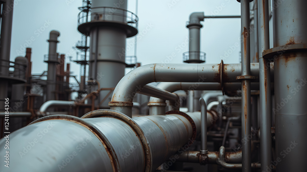 Industrial Pipeline System with Rusty Metal Pipes and Support Structures under Cloudy Sky in Urban Environment Industrial Pipeline System with Rusty Metal Pipes and Support Structures under Cloudy Sky in Urban Environment