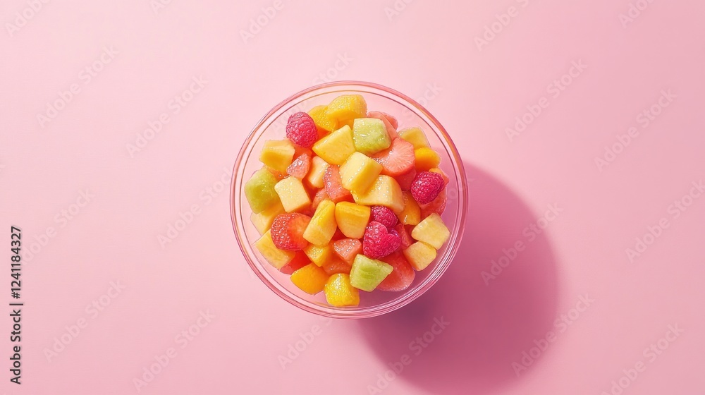 A bowl of fresh fruit salad in an eye-catching top-down arrangement with a pastel pink backdrop