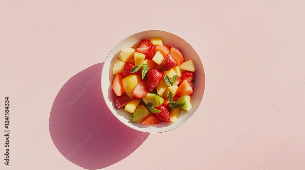A bowl of fresh fruit salad in an eye-catching top-down arrangement with a pastel pink backdrop A bowl of fresh fruit salad in an eye-catching top-down arrangement with a pastel pink backdrop